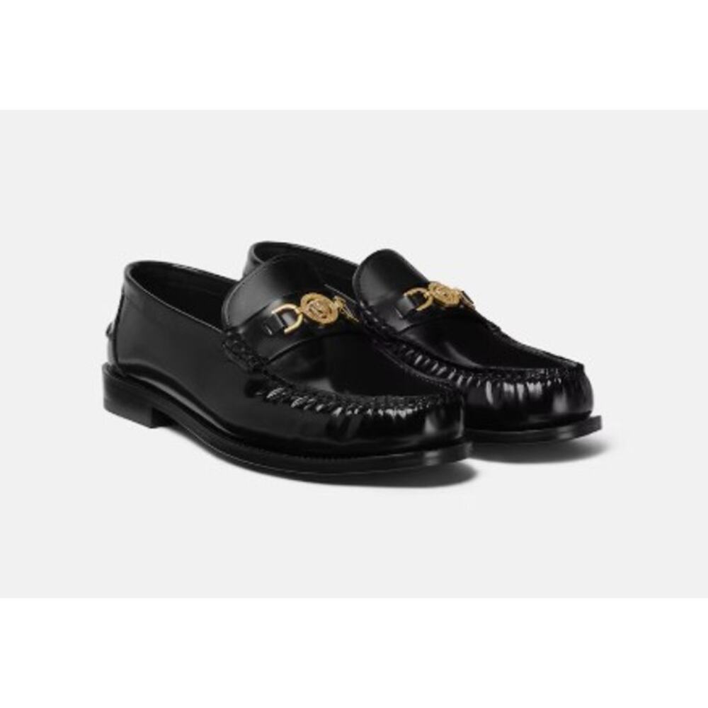 Versace Black Leather Loafers with Gold Medusa Hardware